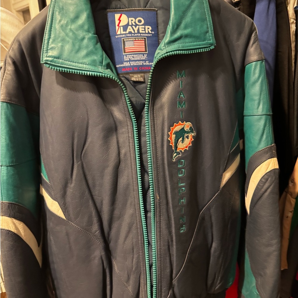 Pro Player Miami Dolphins Navy and Teal Leather Bomber Jacket